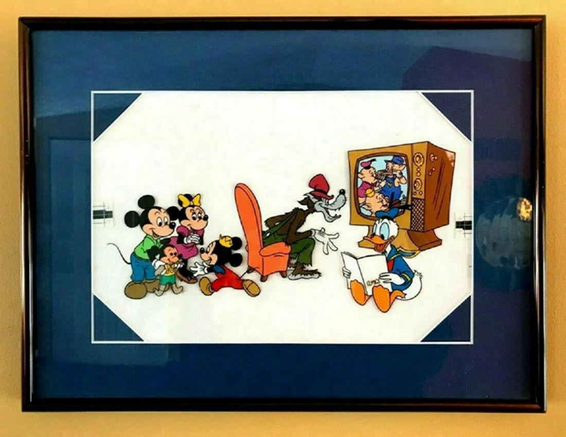 Disney Animation Art Original Production Cel Micky & Minnie -Donald -Wolf 3 Pigs: Disney Animation Art Original Production Cel Micky & Minnie Mouse - Donald Duck - Bad Wolf & The 3 Pigs Mounted in a 12" x 16" frame Condition: Excellent Comes with a Letter of authenticity and is gua