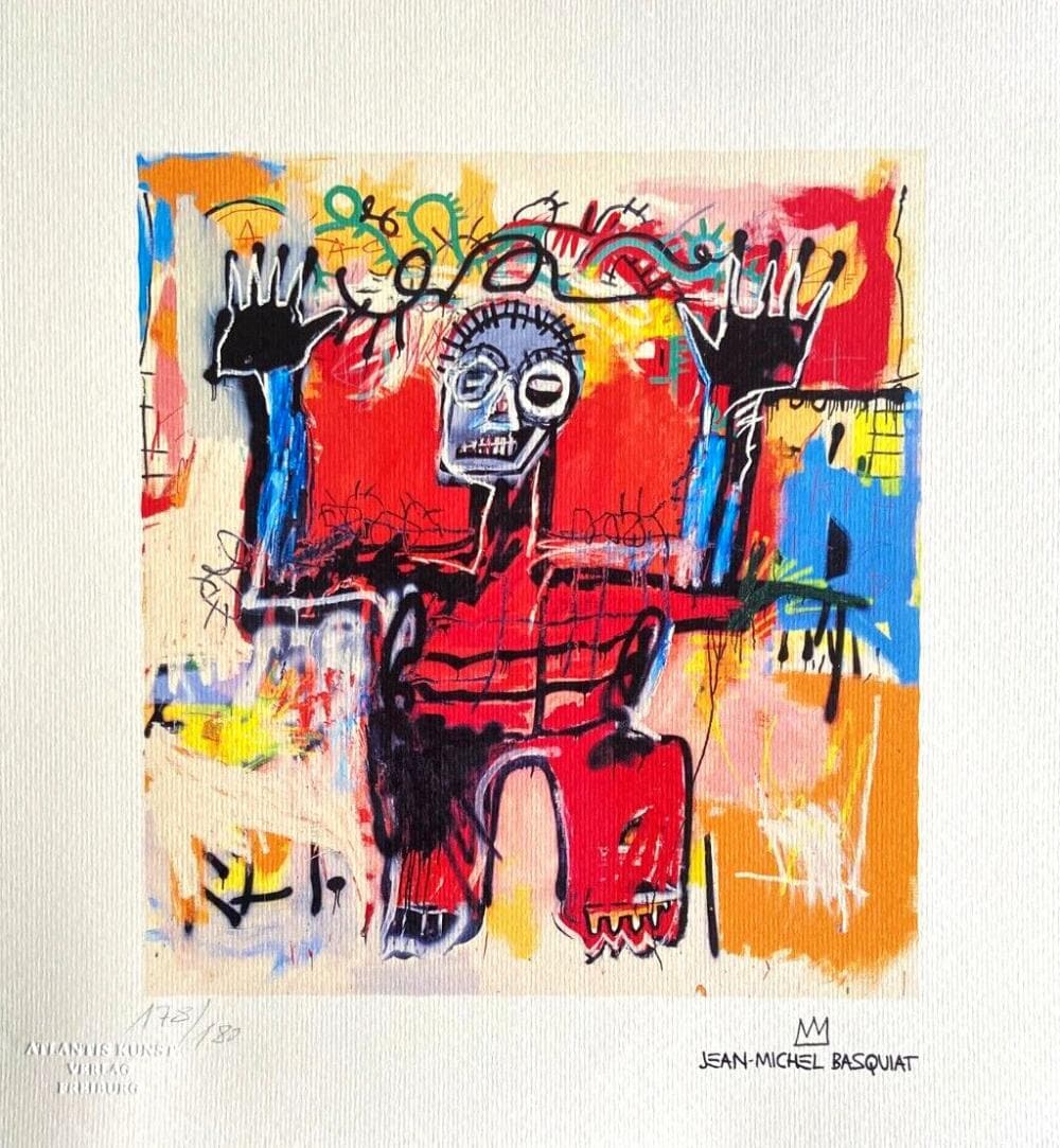 Jean-Michel Basquiat Untitled 1987 Limited Edition Lithograph: DescriptionJean-Michel Basquiat"Un-Titled" Chromolithograph printed in 1987 and reproduced in 180 copies, numbered in pencil Published by Atlantis Verlag, Freiburg Size- 33x35 cm Jean-Michel Basquiat 