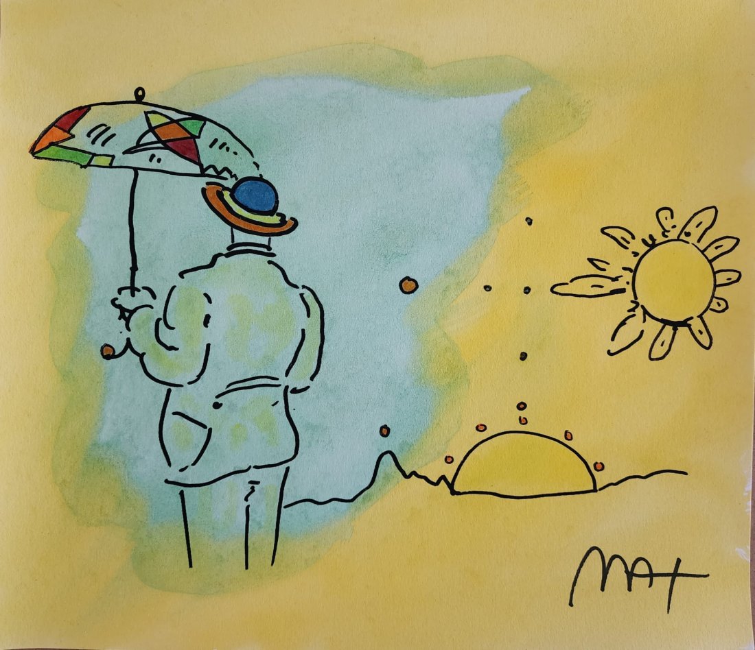 PETER MAX "UMBRELLA MAN" ORIGINAL WATERCOLOR & INK ON PAPER: Artist: Peter Max Title: Umbrella Man (Abstract) Medium: Mixed media with watercolor & Ink on paper Paper size: 12 x 13.75 inches Edition: Original 1/1 Signature: Hand signed top left by Peter Max Con