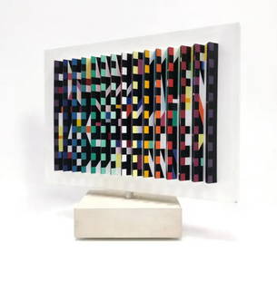 Yaacov Agam 'DOUBLE SIDED POLYMORPH KENETIC SCULPTURE': Double sided spinning polymorph kinetic sculpture made with silkscreen on folded PVC. Measures 11.5 x 12.75 x 4.75 inches including wooden base. Hand signed and numbered by Yaacov Agam on the