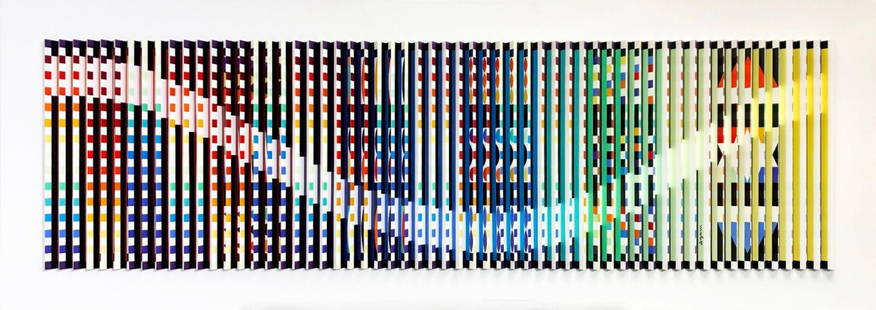 YAACOV AGAM 'RAINBOW RHYTHM' 1994-1996 - LARGE POLYMORPHIC SCREEN PRINT - 29X85: Artist: Yaacov Agam Title: Rainbow Rhythm Medium: Polymorphic color screen print on folded PVC and wood Sheet Size: 29.375 x 85.25 inches Year: 1994-1996 Edition: of 99 (apparently only eighteen were