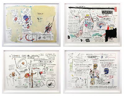 JEAN-MICHEL BASQUIAT WOLF SAUSAGE KING BRAND DOG LEG STUDY & UNDISCOVERED GENUIS: Artist: Jean-Michel Basquiat Title: Wolf Sausage, King Brand, Dog Leg Study & Undiscovered Genius Medium: Screen print in colors on paper Artwork size: 22 x 30 inches (each) Frame size: approx 25 x 35