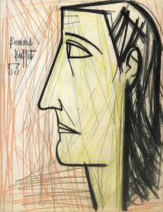 BERNARD BUFFET 'PROFIL DE FEMME' 1953 - ORIGINAL PENCIL-CRAYON DRAWING ON PAPER: BERNARD BUFFET "PROFIL DE FEMME" PENCIL AND CRAYON DRAWING ON PAPER ARTWORK SIZE: 25.6 X 19.7 INCHES FRAME SIZE: APPROX 32.25 X 27 INCHES ORIGINAL YEAR: 1953 SIGNATURE: HAND SIGNED AND DATED ON FRONT