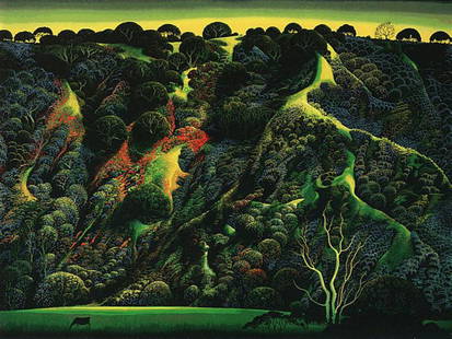 Eyvind Earle, "Gardner's Ranch" - 1991, signed & numbered serigraph: "Gardner's Ranch" by Eyvind Earle Type: Limited Edition Media: Serigraph on Paper Image Dimensions: 30" x 40" Year Produced: 1991 Edition Size" 400 Numbered, 109 AP, 15 Printers Proof, 36 HC, 80 Museu