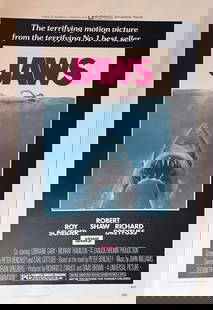 JAWS - 1975 ORIGINAL LINEN BACKED ONE SHEET MOVIE POSTER: "JAWS" (1975) Universal ORIGINAL One Sheet Movie Poster. 27"x41" Beautifully preserved and freshly mounted on linen. Expert touch up to fold lines for perfect display. Colors are rich and vibrant. Tru