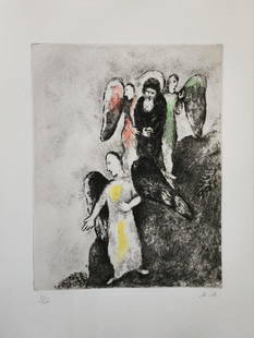 Marc Chagall "The Descent Toward Sodom - 1956" Etching With Watercolor, Signed & Numbered: Marc Chagall, 1887-1985 (Russian, French) The Descent Toward Sodom - 1956, From bible 1931-1939 Etching with watercolor signed lower right, numbered '21/100' lower left Printed by Tariade DIMENSIONS: