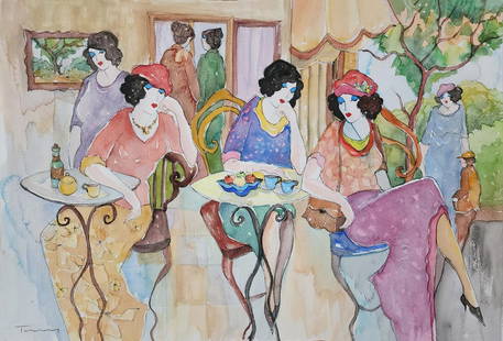 ITZCHAK TARKAY "PARK CAFE" ORIGINAL WATERCOLOR 22"x15" ON FRANCH ARCHES PAPER: Artist: TARKAY, ITZCHAK Title: "PARK CAFE" Size: 15 X 22 INCHES Medium: WATERCOLOR ON FRANCH ARCHES PAPER Edition: ORIGINAL Description: Hand signed by the artist The artwork is in excellent condition