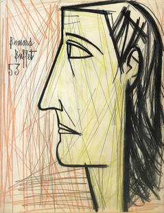BERNARD BUFFET 'PROFIL DE FEMME' 1953 - ORIGINAL PENCIL-CRAYON DRAWING ON PAPER: BERNARD BUFFET "PROFIL DE FEMME" PENCIL AND CRAYON DRAWING ON PAPER ARTWORK SIZE: 25.6 X 19.7 INCHES FRAME SIZE: APPROX 32.25 X 27 INCHES ORIGINAL YEAR: 1953 SIGNATURE: HAND SIGNED AND DATED ON FRONT