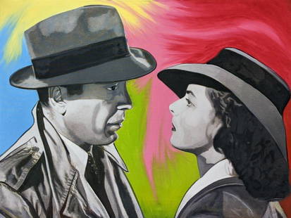 STEVE KAUFMAN "CASABLANCA - BOGEY & BERGMAN" UNIQUE PAINTED CANVAS, 35 X 47": Artist: Steve Kaufman Title: Casablanca - Bogey & Bergman Medium: Oil painted silkscreen on canvas Canvas Size: 35 x 47 inches (stretched) Edition: Unique Signature: Hand signed on verso by the artist