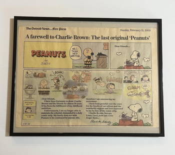 Charles Schulz, Last Original 'Peanuts' Comic Strip 2-13-2000: the last original "Peanuts" comic strip as cut from the 2/13/2000 edition of the Detroit News and Free Press. It measures 13 1/2" long and 9 1/2" wide and comes framed. Frame size is 14 3/8" long and