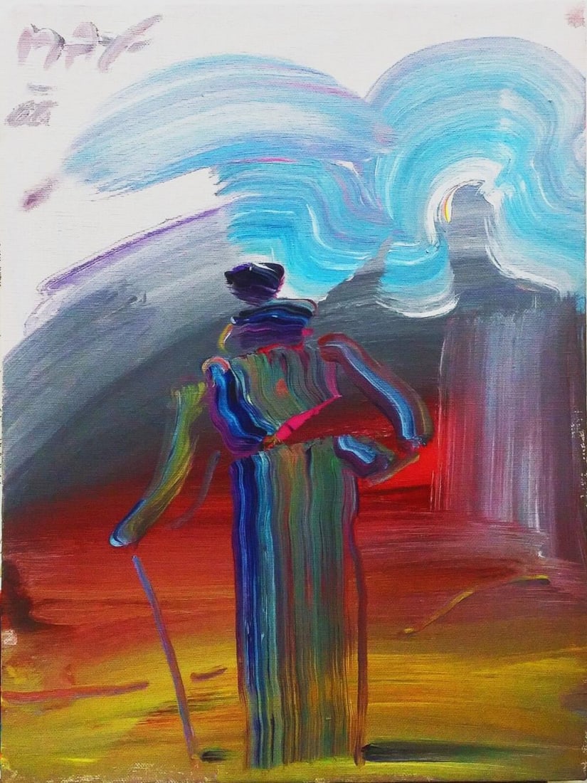 PETER MAX 'SAGE WITH CANE' 1988, ORIGINAL ACRYLIC ON CANVAS: PETER MAX "SAGE WITH CANE" ACRYLIC ON CANVAS PAINTING SIZE: 16 X 12 INCHES ORIGINAL YEAR: 1988 SIGNATURE: HAND SIGNED AND DATED BY THE ARTIST CERTIFICATE OF AUTHENTICITY FROM GALLERY ART, FLORIDA IS I
