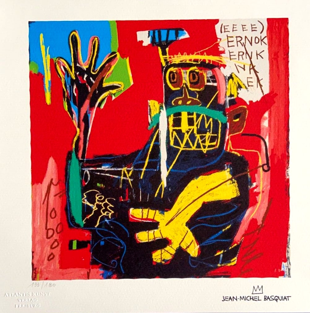 Jean-Michel Basquiat 'Un-Titled' - 1987, Limited edition lithograph: Jean-Michel Basquiat "Un-Titled" Chromolithograph printed in 1987 Edition of 180 numbered in pencil lower left Size: 33 x 33cm. Published by Atlantis Verlag, Freiburg Jean-Michel Basquiat's signature 