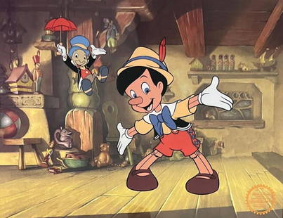 DISNEY PINOCCHIO LIMITED EDITION SERICEL ANIMATION ART CEL: This is a Limited Edition Serigraph Cel of Pinocchio and Jiminy Cricket, From 1940 Walt Disney Studios - Pinocchio. Disneyâ€™s own artists have selected this scene from the original animation dra