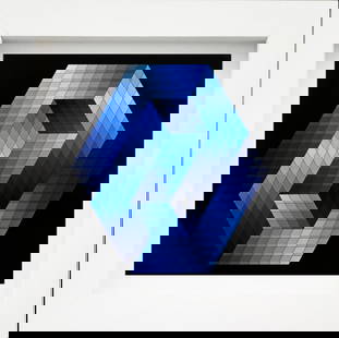Victor Vasarely - "Gestalt-Bleu, 1969" Monograph on paper, Framed: Victor Vasarely "Gestalt-Bleu" 1969 Monograph on paper Not Signed or numbered, as published Published by Editions Du Griffon Neuchatel in 1971, and printed in Switzerland. Paper size: 10.5 " x 10.5" F