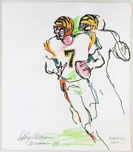 LEROY NEIMAN 'BOOMER XXIII' 1989 - ORIGINAL DRAWING NFL BENGALS SUPERBOWL XXIII: LEROY NEIMAN "BOOMER XXIII" COLORED DRAWING ON PAPER PAPER SIZE: 15 X 13 INCHES FRAME SIZE: 30 X 27.75 INCHES ORIGINAL YEAR: 1989 HAND SIGNED & INSCRIBED "MIAMI '89" LOWER LEFT; INSCRIBED "BOOMER