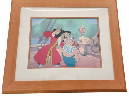EXTREMELY RARE PETER PAN DISNEY PAINTED CEL 215/500 CAPTAIN HOOK & MR. SMEE 1989: Title- Captain Hook w/ Smee- Hand Painted Color Cel Framed From Peter Pan Size 12" x 14",Frame measures about 20" x 24" From Disney's Villains Portfolio Series,#215/500 Numbering is slightly faded but