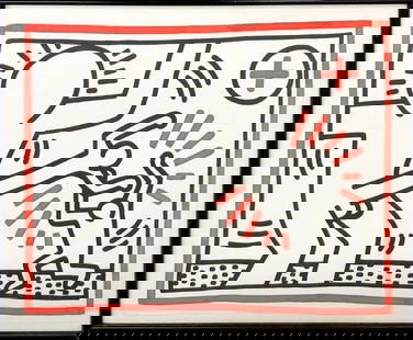 KEITH HARING 'ONE PLATE (FROM THREE LITHOGRAPHS SUITE)' 1985: Artist: Keith Haring Title: One Plate Medium: Lithograph in black and red, on BFK Rives paper Sheet Size: 31.875 x 39.5 inches Image Size: 29.75 x 37.375 inches Year: 1985 Edition: of 80 Signature: Ha