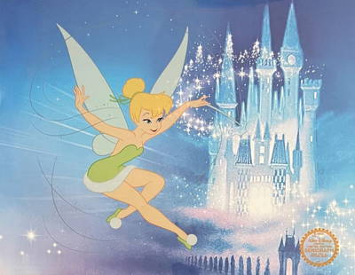 TINKER BELL LIMITED EDITION SERICEL ANIMATION ART CEL WONDERFUL WORLD OF DISNEY: This is a Limited Edition Serigraph Cel of Tinker Bell from the Wonderful World of Disney. Disney’s own artists have selected this scene from the original animation drawings used to produce