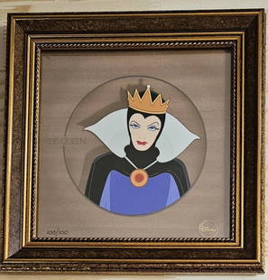 Disney 'Snow White - The Queen' limited edition Courvoisier: Studio: Walt Disney Title: 'The Queen' from Snow White and the Seven Dwarfs Medium: hand-painted and hand-inked with a wood veneer background Date: 1997 Character: The Queen Edition: 350 Framed: Yes S