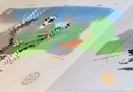 Goofy Limited Edition serigraph cel: This is a Limited Edition serigraph cel of Goofy playing Soccer. Disney’s own artists have selected this scene from the original animation drawings used to produce this classic Disney film. Known as