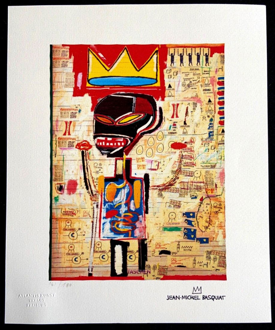 Jean-Michel Basquiat 'Chard Cover - 1987' Limited Edition Lithograph: Jean-Michel Basquiat "Chard cover" Chromo lithograph printed in 1987 and reproduced in 180 copies by Atlantis Verlag, Freiburg 33x40 cm. Jean-Michel Basquiat signature on the plate Embossed stamp and