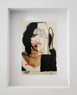 Andy-Warhol "Mick Jagger-FSII.146" Framed Announcement card, Signed By-Warhol & Jagger: Artist: Andy Warhol. Title: Mick Jagger FS II.146 Framed Announcement card. Medium: Lithograph Hand Signed by Warhol & Jagger Size: Image size: 6" x 4", Framed: 10" x 8 Year: 1975 Edition: Limited