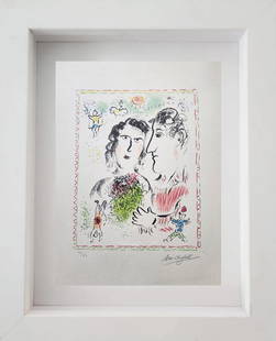 Marc Chagall "Fiançailles au Cirque - 1983" Lithograph in clolors: MARC CHAGALL (1887-1985) "Fiançailles au Cirque" lithograph in colours, 1983, on wove paper. Signed in pencil, Numbered 18/50 in pencil Image 455 x 350 mm. Sheet 650 x 478 mm. LITERATURE: Mourlot 101