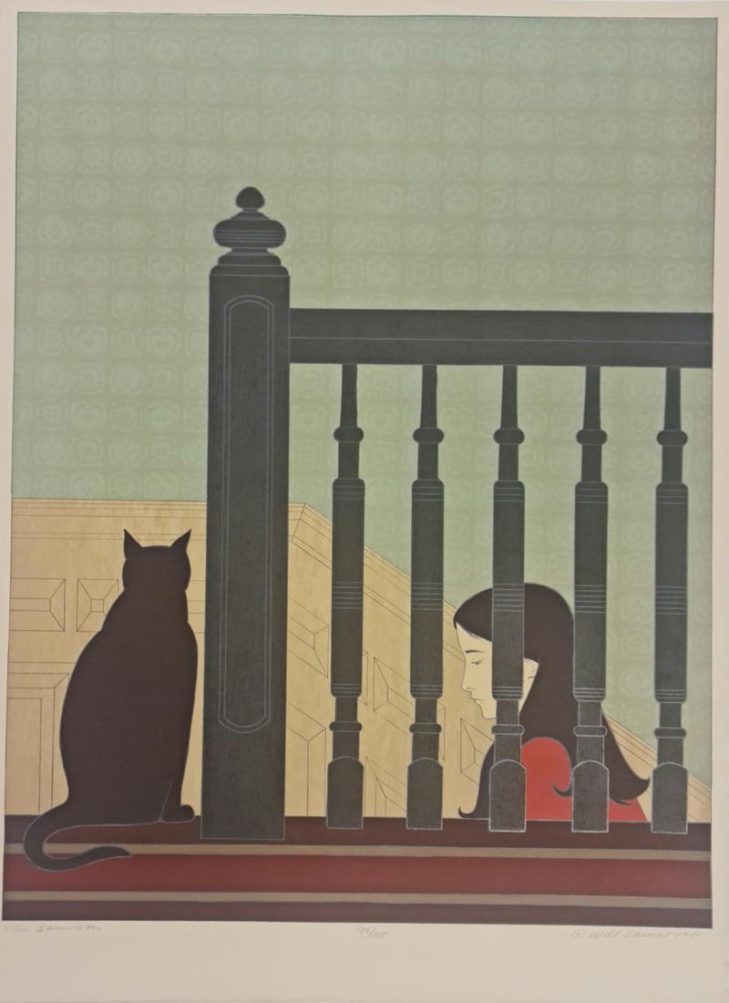 WILL BARNET, "THE BANNISTER 1981" LITHOGRAPH SIGNED & NUMBERED: Artist: BARNET, WILL Title: THE BANNISTER Size: 36 X 26.5 INCHES Year: 1981 Medium: LITHOGRAPH Edition: OF 125 Description: Lithograph on arches. Hand-signed, titled, and numbered by the artist. Image