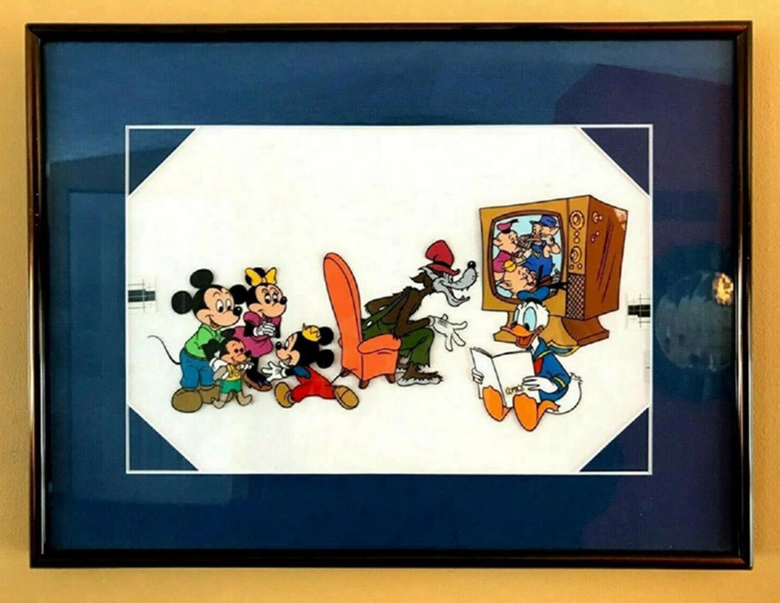 Disney Animation Art Original Production Cel Micky & Minnie -Donald -Wolf 3 Pigs: Disney Animation Art Original Production Cel Micky & Minnie Mouse - Donald Duck - Bad Wolf & The 3 Pigs Mounted in a 12" x 16" frame Condition: Excellent Comes with a Letter of authenticity and is