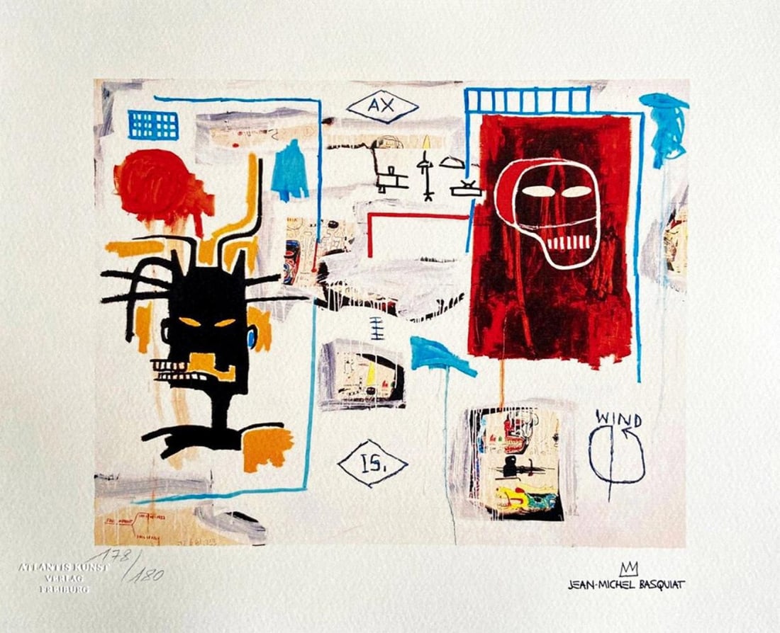 JEAN-MICHEL BASQUIAT 'SUPERSCRIPT - 1987' LIMITED EDITION LITHOGRAPH: Jean-Michel Basquiat "Superscript" Chromo lithograph printed in 1987 and reproduced in 180 copies by Atlantis Verlag, Freiburg 33x40 cm. Jean-Michel Basquiat's signature on the plate Embossed stamp an