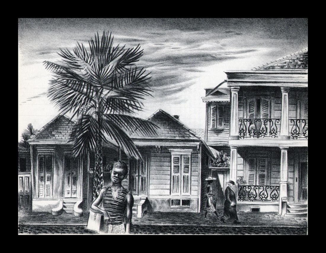Aaron Bohrod, New Orleans Street, 1939: Artist: Aaron Bohrod Title: New Orleans Street Date Of Negative: 1939 Type Of Print: Vintage Photogravure/Lithograph, Printed from the original plate Date Of Print: 1939 (82 years old print) Paper: Me