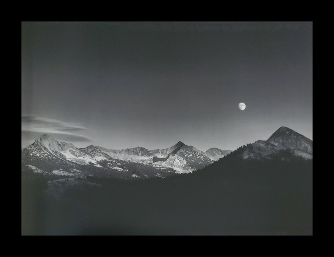 Ansel Adams, Autumn Moon, High Sierra from Glacier Point, Yosemite National Park, California, 1948: Photographer: Ansel Adams (American, 1902 - 1984) - Internationally renowned American photographer. One of the most influential artists in photographic history. Title: "Autumn Moon, High Sierra from G