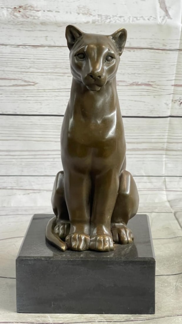 Sitting Cats, Panther Puma Cougar Cat Bronze Sculpture Statue Figure on Marble Base (1 of 4)