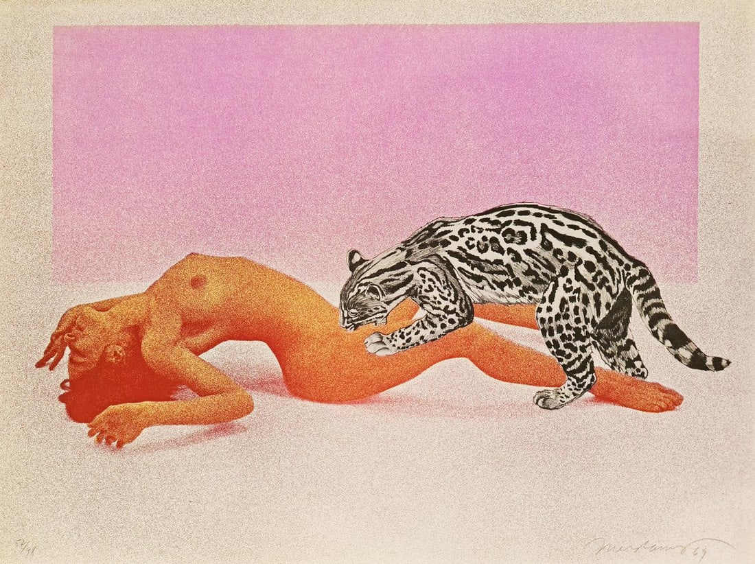 MEL RAMOS 'OCELOT, 1969' LITHOGRAPH IN COLORS, SIGNED & NUMBERED: Artist: Mel Ramos Title: "Ocelot Medium: Lithograph in colors Size: 24 x 32 inches Year: 1969 Publisher: Reese Palley Gallery, New York. Printer: Mourlot, New York Edition: 52/98 Hand signed, numbered