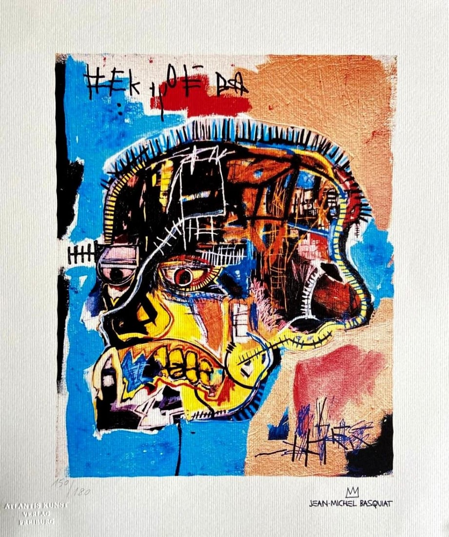 JEAN-MICHEL BASQUIAT 'SKULL' 1987, LIMITED EDITION LITHOGRAPH: Jean-Michel Basquiat "Skull" Chromolithograph printed in 1987 and reproduced in 180 copies, numbered in pencil Published by Atlantis Verlag, Freiburg 33x40 cm Jean-Michel Basquiat's signature on the p