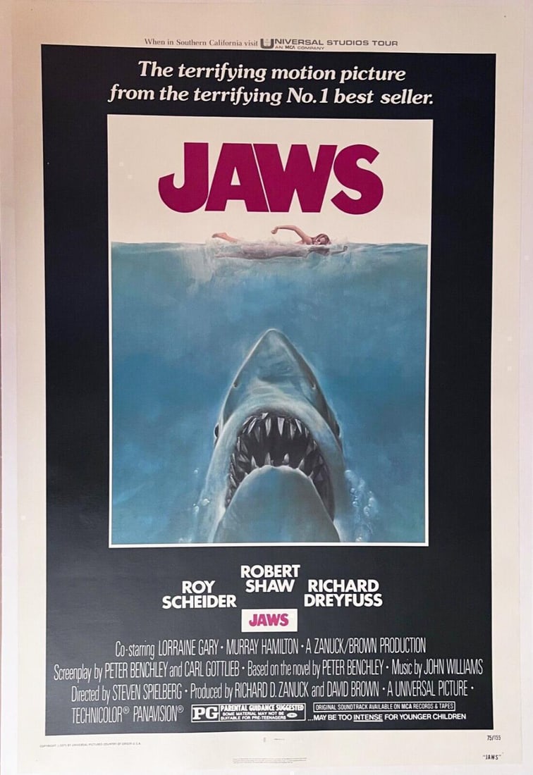 JAWS - 1975 ORIGINAL LINEN BACKED ONE SHEET MOVIE POSTER (1 of 5)