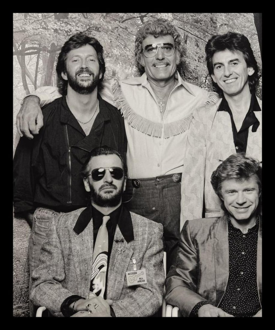 Terry O'neill, Eric Clapton, Carl Perkins, George Harrison, Ringo Starr and Dave Edmunds, 1985: Photographer: TERRY O'NEILL Subject/Title: Eric Clapton, Carl Perkins, George Harrison, Ringo Starr and Dave Edmunds Date Of Negative: 1985 Type Of Print: Authentic Sheet Fed Photogravure/Heliogravure