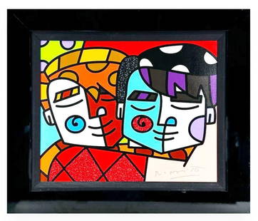 Romero Britto "Brothers" Mixed Media on canvas 2010, signed & numbered: Romero Britto "Brothers" Mixed Media Giclee. Ruby dust on canvas. Mounted in a black frame. Edition: 74/100. "Brothers" is a limited ed. mixed media with one hundred prints numbered 1/100-100/100.