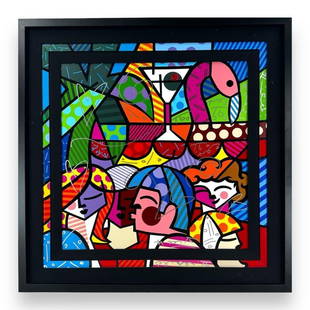 Romero Britto 'News Cafe' signed & numbered giclee on canvas 2011: Romero Britto (Brazilian, b.1963) "News Cafe" C2011 Giclee on canvas. Signed and numbered by artist. Edition: 17/100. Image size: 24' x 24" Framed: 33.5" x 33.5" Condition: In excellent condition 