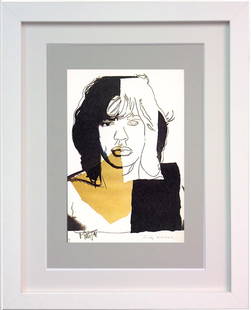 Andy-Warhol 'Mick Jagger-FSII.146' Framed Announcement - card, 1975: Artist: Andy Warhol. Title: Mick Jagger FS II.146 Framed Announcement card. Medium: Lithograph Size: Image size: 6" x 4" Framed: 10" x 8" Year: 1975 Description: Signed and numbered on the plate by Wa