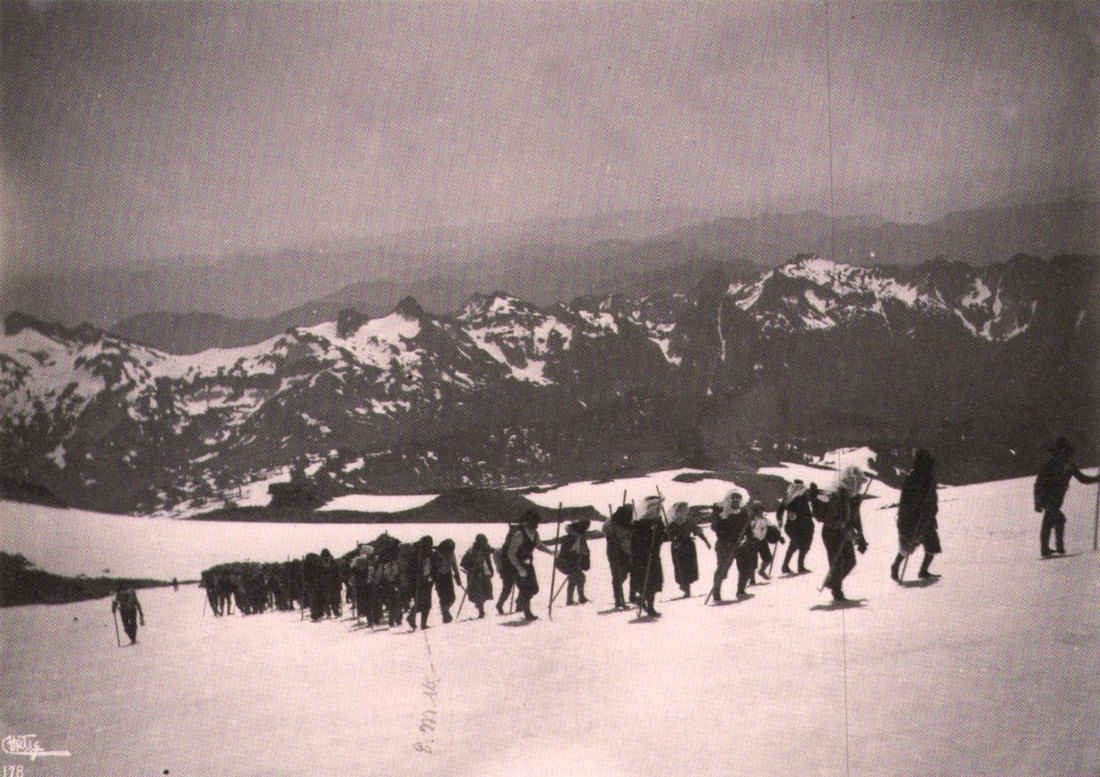 EDWARD S. CURTIS, FIG. 42 CLIMBING BELOW CAMP MUIR, MAZAMAS CLUB, 1898: Photographer: Edward S. Curtis (American, 1868 - 1952) - renowned photographer of the American West and the Native American Indian. Title: FIG. 45 Curtis Studio, (Edward S. Curtis and His Daughter Bet