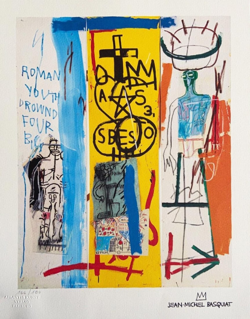 JEAN-MICHEL BASQUIAT 'QFOUR BIG' LIMITED EDITION LITHOGRAPH 1987: Description Jean-Michel Basquiat "Qfour big" Chromolithograph printed in 1987 and reproduced in 180 copies by Atlantis Verlag, Freiburg 33 x 42cm Jean-Michel Basquiat signature on the plate lower righ