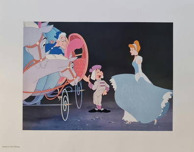 Disney's, Cinderella, 'Stepping into her carriage', Commemorative Lithograph: Subject: Cinderella Title: Stepping into her carriage Type: Lithograph Year: 2001 Size: 14" x 11" Country of Origin: USA Condition: Excellent Cinderella is a 1950 American animated musical fantasy