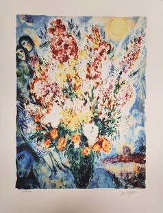 Marc Chagall, 'Floral Bouquet', Facsimile: Artist: Marc Chagall. Title: 'Floral Bouquet' Dimensions: 27.5 in. by 21in. Condition- Excellent Type: serigraph on deckle edged paper Buyers Premium- 25% Marc Chagall was a Jewish artist. An early mo