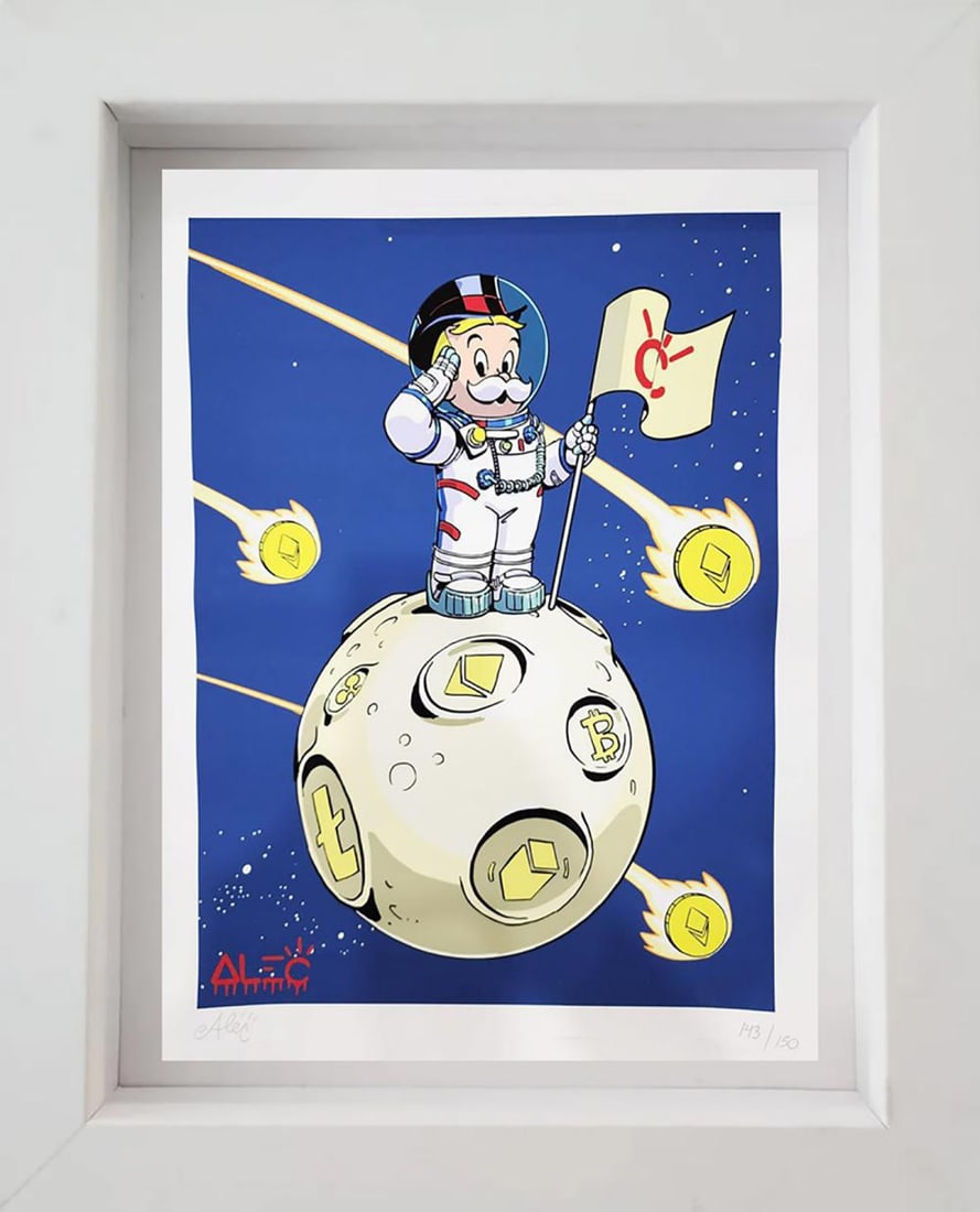 Alec Monopoly?s ?Rags to Richie? Signed & numbered in pencil 143/150: Artist: Alec Monopoly. Title: "Rags to Richie" (Astronaut Bitcoin Richie) Year: 2023. Medium: Giclee on paper. Edition: 143/150. Signed and numbered in pencil by the artist. Size: 24" x 18". In Excell