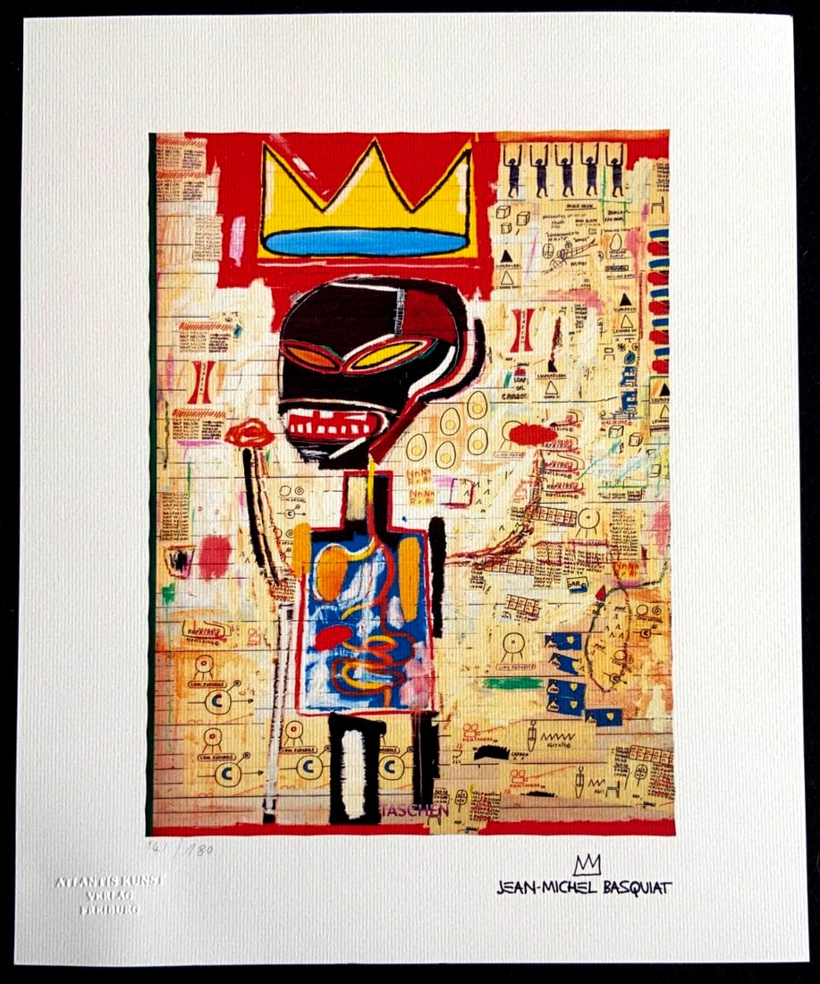 JEAN-MICHEL BASQUIAT 'CHARD COVER - 1987' LIMITED EDITION LITHOGRAPH: Jean-Michel Basquiat "Chard cover" Chromo lithograph printed in 1987 and reproduced in 180 copies by Atlantis Verlag, Freiburg 33x40 cm. Jean-Michel Basquiat signature on the plate Embossed stamp and