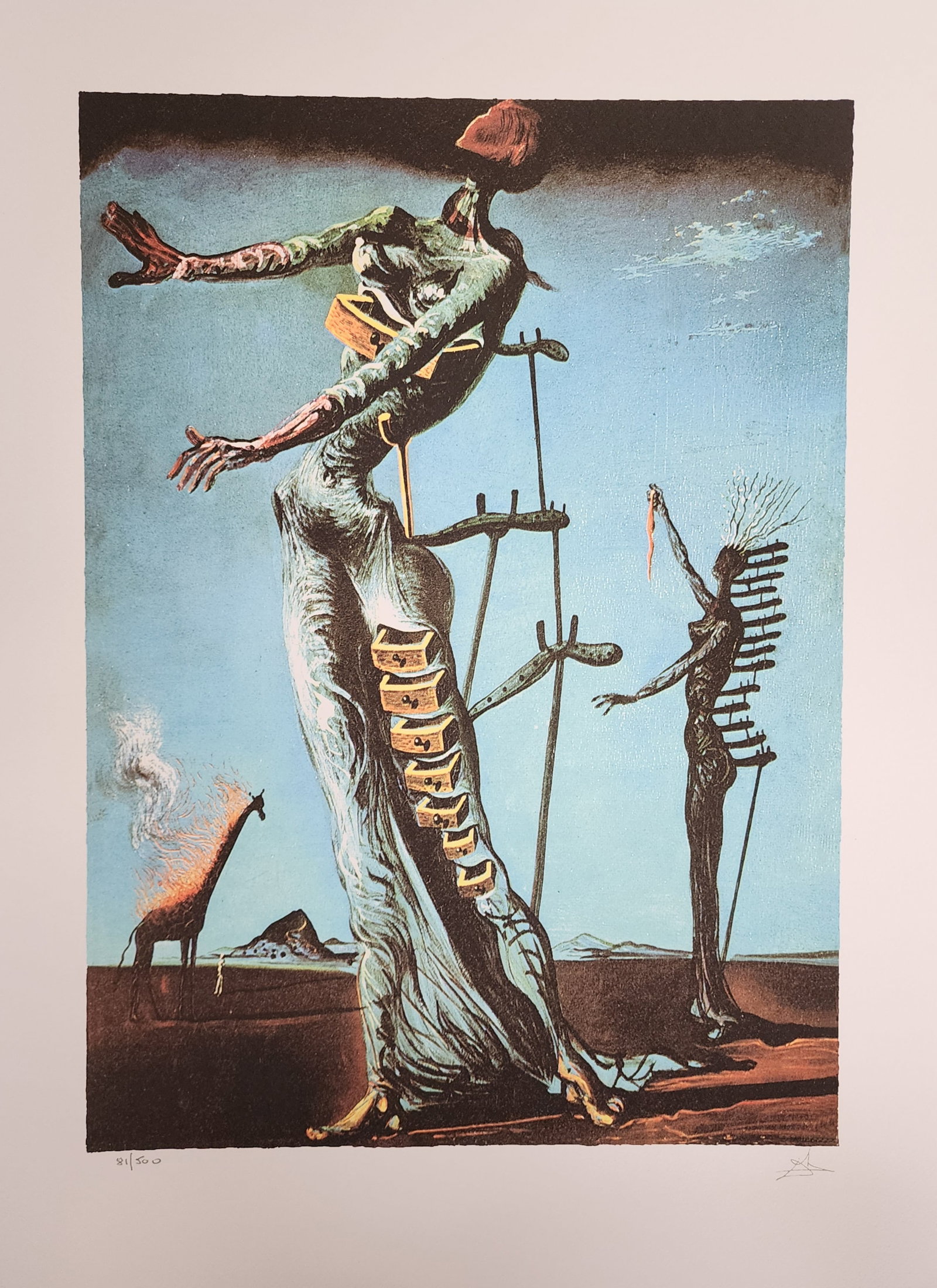 Salvador Dali, 'Burning Giraffe', Facsimile: Artist: Salvador Dali. Title: 'Burning Giraffe' Dimensions: 27 in. by 20in. Condition- Excellent Plate Signed and Numbered Type: serigraph on deckle edged paper Buyers Premium- 25% Salvador Dali, a Sp