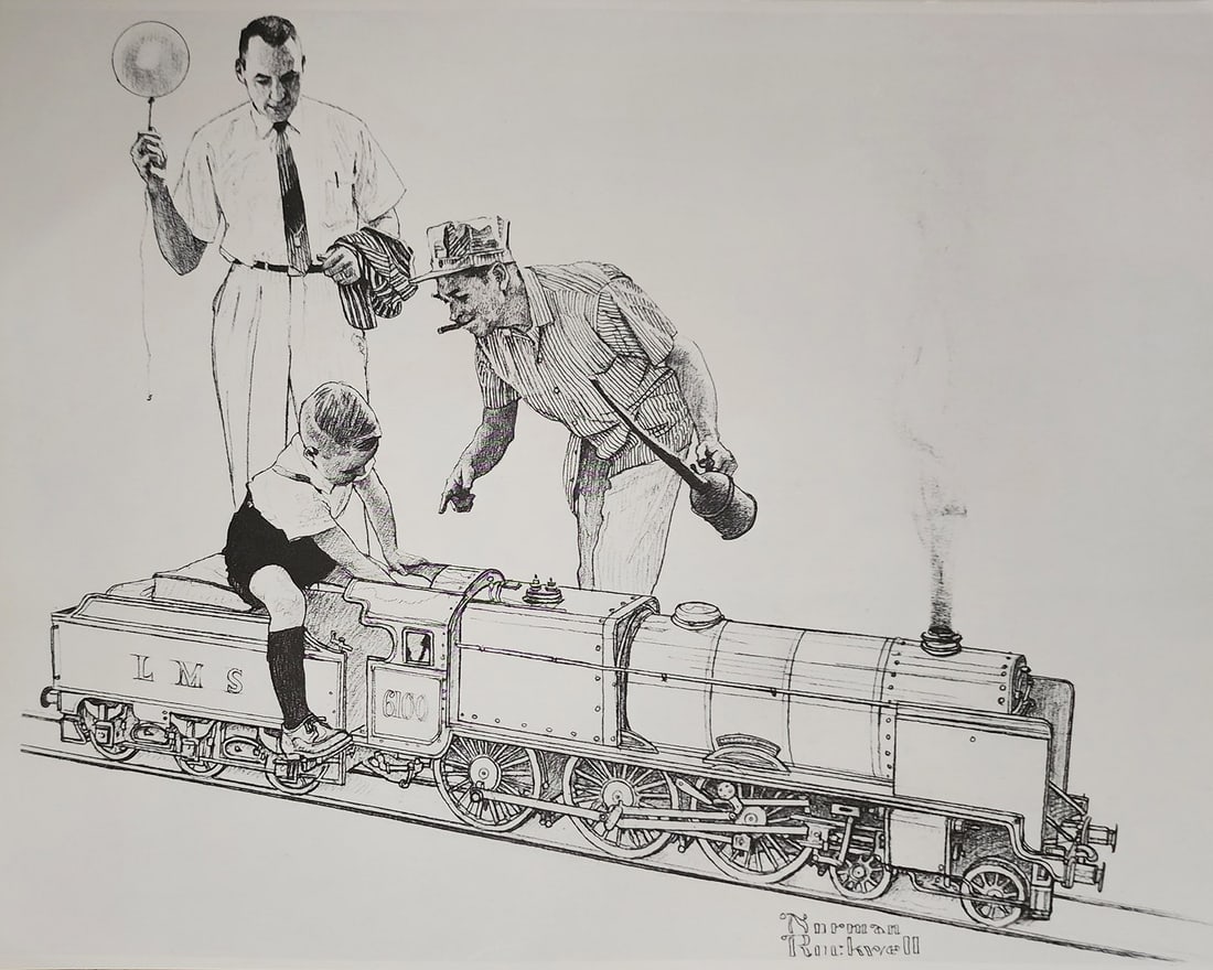 Norman Rockwell, Train ride - c.1960s: Norman Rockwell "Train ride - c.1960s" from the "American Family Life" portfolio, Sketch Drawing 1950s for Massachusetts Mutual Company Media: offset lithograph on heavy cardstock paper Licensed print