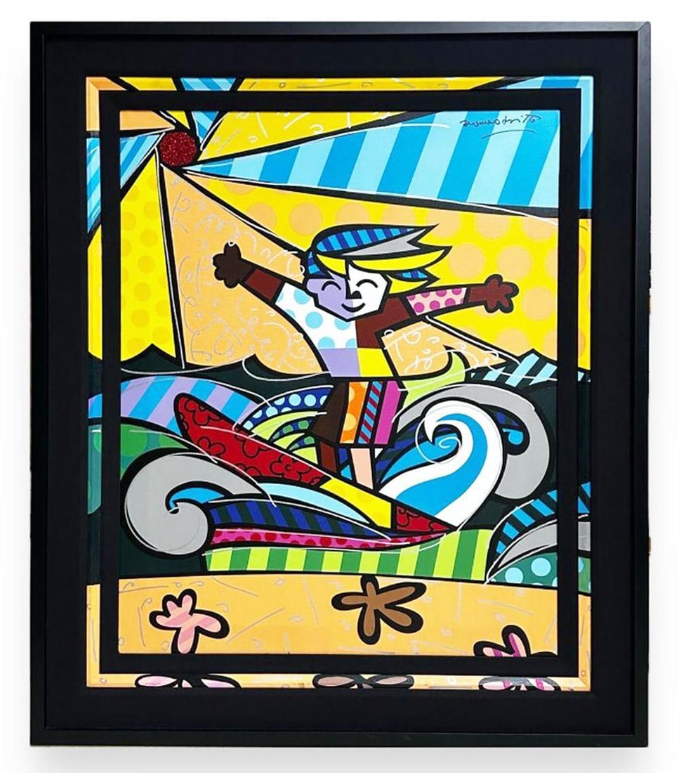 Romero Britto (Brazilian, b.1963) "Surfer Boy" 2008, Giclee on canvas with ruby diamond dust (1 of 6)