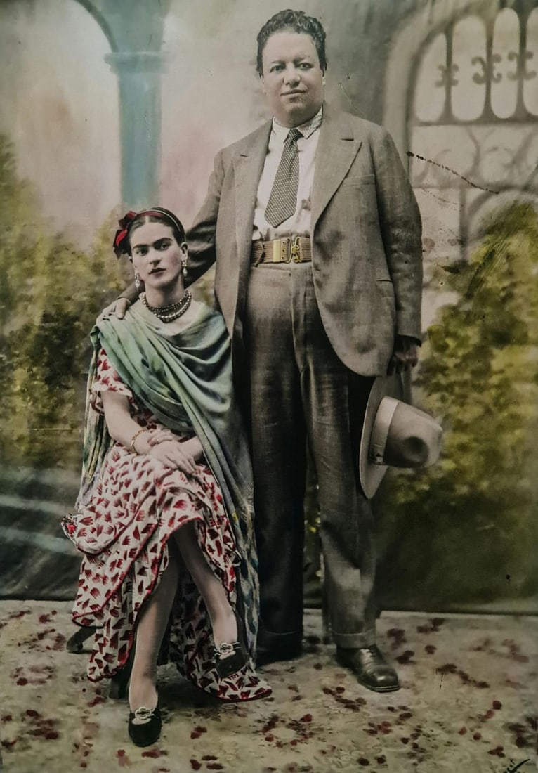 Frida Kahlo, Seated with Diego Rivera: Subject: Seated with Diego Rivera Subject/Title- Frida Kahlo Photos Type Of Print: Authentic Vintage Sheet Fed Photogravure/Heliogravure Date Of Print: 2021 Publisher: Taschen GmbH Paper: Medium weigh
